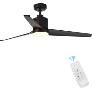 Kopolom Indoor Ceiling Fan Light Fixtures -Black Remote LED 52 Ceiling Fans for Bedroom,Living Room,Dining Room Including Motor,3-Blades,Remote Switch