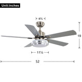 Indoor Ceiling Fan Light Fixtures Remote LED 52 Ceiling Fans For Bedroom,Living Room,Dining Room Including Motor,5-Blades,Remote Switch (Silver)